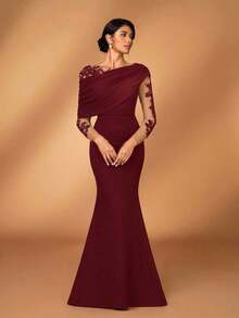 Elegante y romántico vestido de lujo de punto elástico verde oliva con contraste de malla, volante asimétrico en el hombro, ajustado y con bajo de cola de pez, adecuado para fiesta de noche, cita, baile de graduación, boda, luna de miel - Burdeos - Ver 4