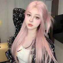 Peluca Fiestas Koni Rosa Dorado con Encaje Frontal, Cabello Largo y Liso para Mujer, Peluca Completa Universal para Cosplay, Nuevo Modelo Primavera/Verano 2025 - Estilo encaje pequeño [verde menta] + juego de 7 piezas - Ver 1