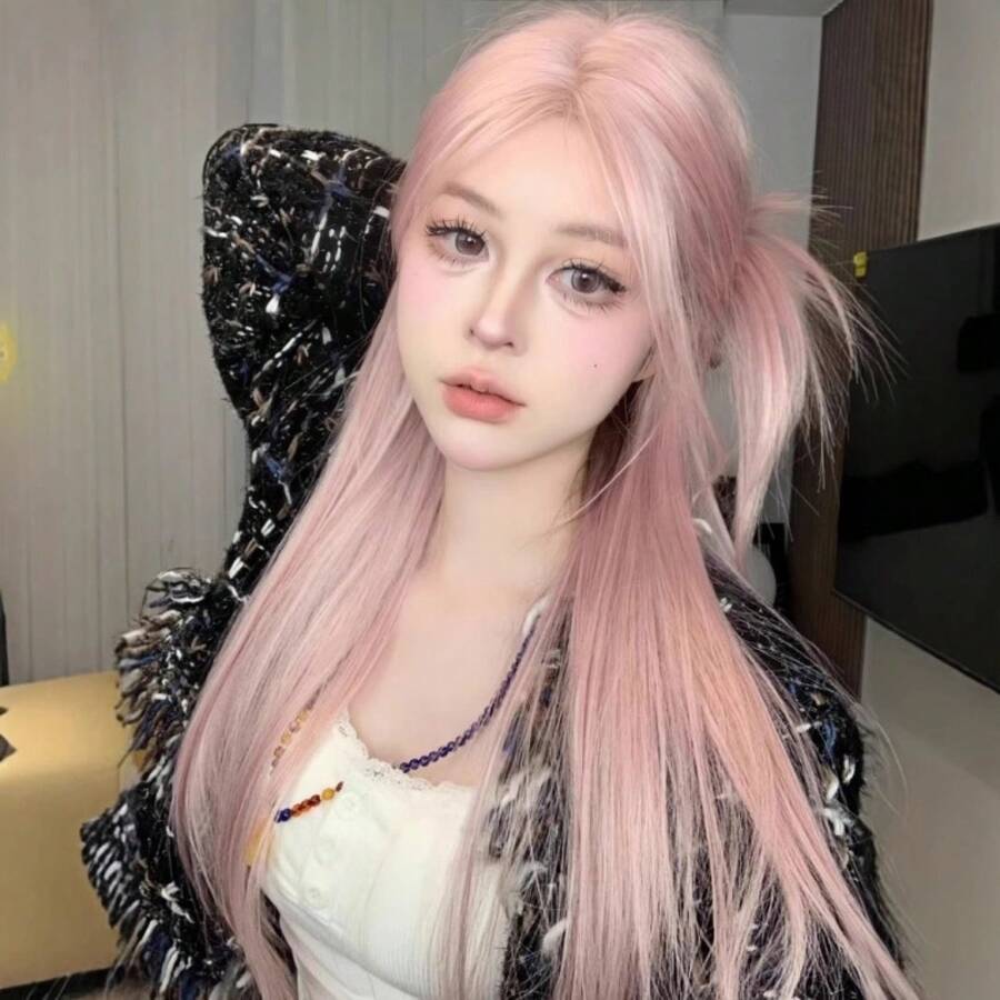 Peluca Fiestas Koni Rosa Dorado con Encaje Frontal, Cabello Largo y Liso para Mujer, Peluca Completa Universal para Cosplay, Nuevo Modelo Primavera/Verano 2025 - Estilo encaje pequeño [verde menta] + juego de 7 piezas - Ver 1