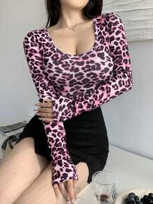 Camiseta de mujer de ajuste ceñido con cuello en U, ropa de otoño con mangas largas para mujer - Rosa - Ver 3