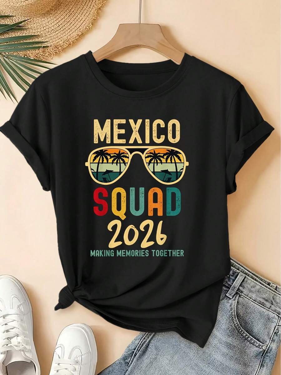 Short-Sleeved T-Shirt With Mexican Party Glasses Print, Retro Round Neck Style, Loose-Fitting Retro Party Top, Versatile Women's Clothing For Travel, Parties And Spring/Summer 2026 Fashion, Ideal For Everyday Wear - 黑色 - 查看 1