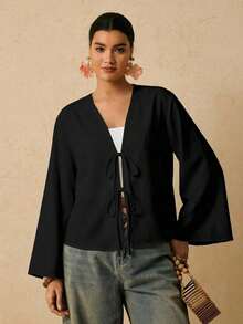 Camisa casual versátil de uso diario con estampado floral y nudo delantero para mujer de talla grande - Multicolor 2 - Ver 3