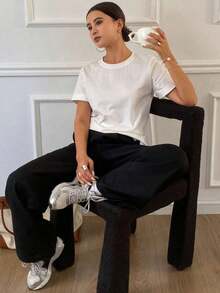 Camiseta casual sencilla de color liso para mujer, uso diario de moda, nueva llegada de otoño - Blanco - Ver 3