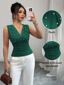 Camiseta de mujer elegante y romántica con perlas beige - Verde Oscuro - Ver 7