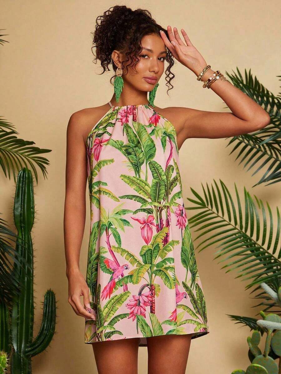 Vestido corto holgado con hombros al descubierto y estampado tejido para mujeres para vacaciones - Multicolor 8 - Ver 1