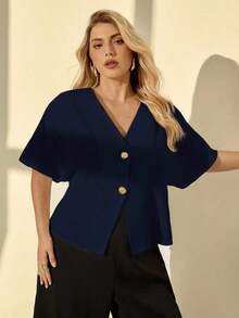 Camisa de manga corta de unicolor casual de talla grande, verano - Azul marino - Ver 5