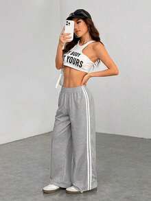 Pantalones casuales con rayas laterales negras, de estilo simple y de moda para uso diario, graduación, maestros y vuelta al colegio para mujeres - Gris - Ver 3