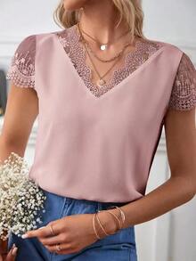 Frenchy Blusa con encaje en contraste de cuello V - Rosa vieja - Ver 1