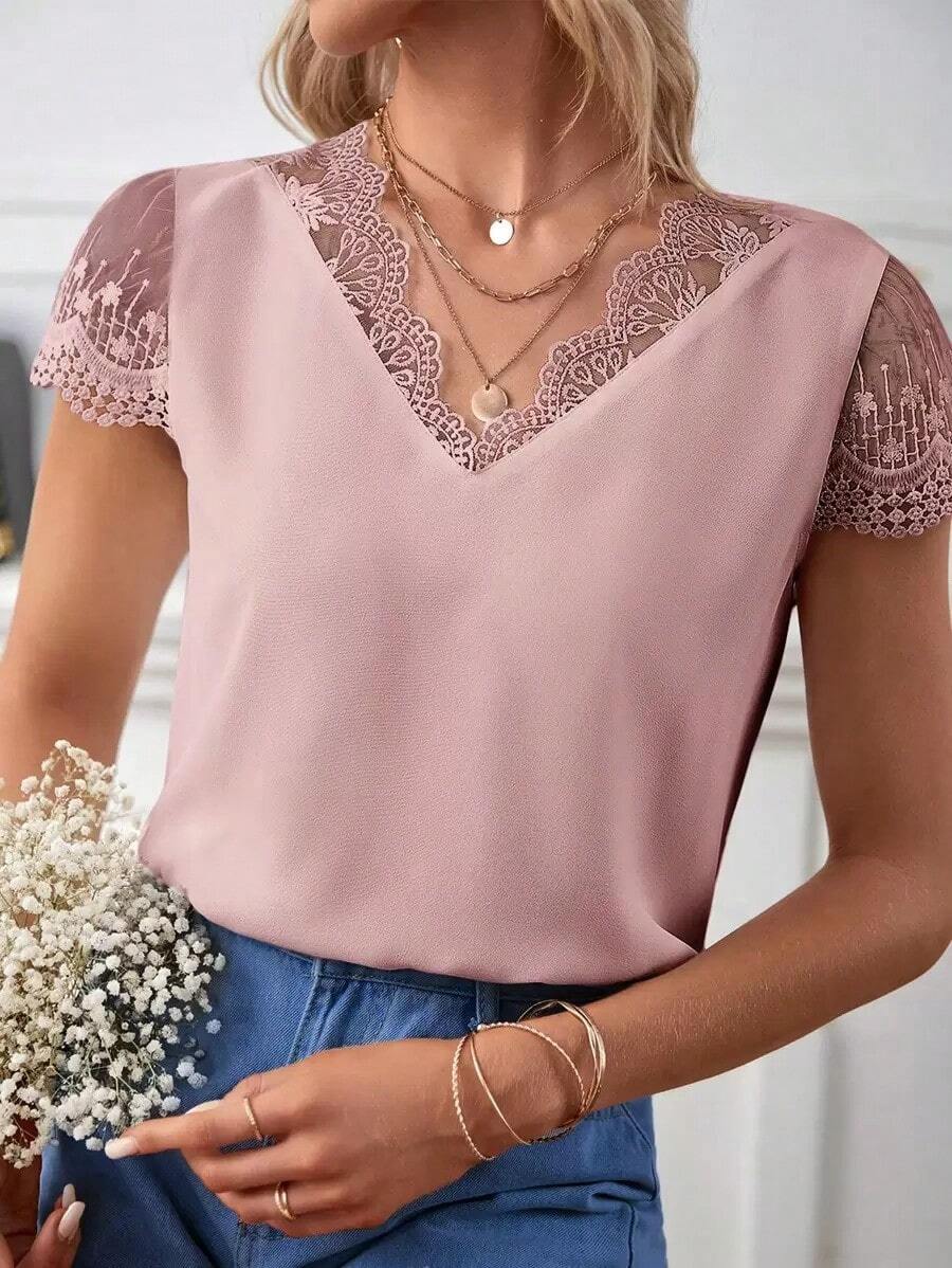 Frenchy Blusa con encaje en contraste de cuello V - Rosa vieja - Ver 1