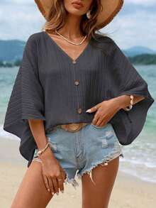 Blusa de manga de murciélago con cuello en V y textura para tallas grandes - Gris Oscuro - Ver 6