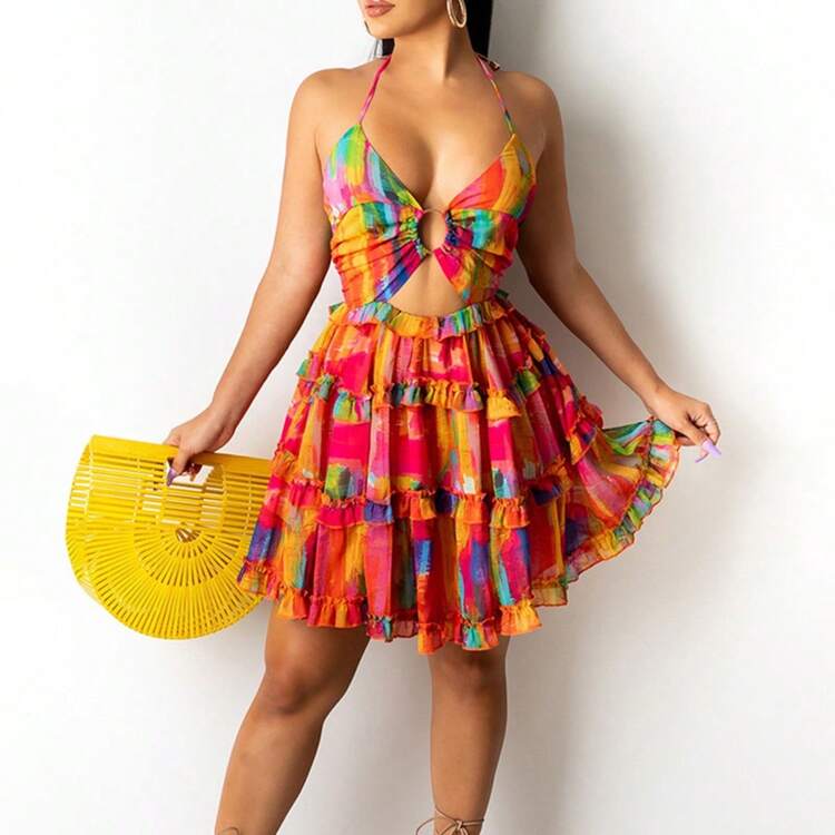 Women's Spring Dress With Print, Sensual Style, Halter Neckline With Straps, Openwork And Layered Cut - Red - View 7