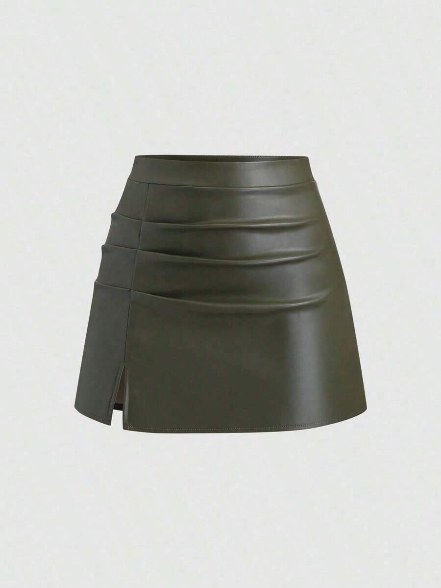 Falda mini acampanada de línea A con abertura lateral, de cintura alta y plisada, de PU estilo retro elegante para mujer, Y2K - Verde Oliva - Ver 1