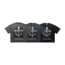 Camiseta de hombre Lawfoo de estilo americano, de algodón puro, lavada a la piedra, holgada, casual, con estampado de nicho, en gris plateado. - Blanco - Ver 6