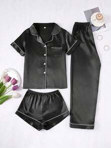 Conjunto de pijama de 3 piezas para mujer con cuello de seda falsa de unicolor y ribete contrastante - Negro - Ver 7