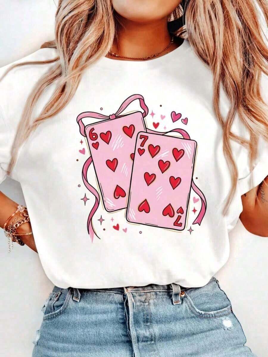 1 Piece New Summer Casual Fashion 2026, Local Shipping, Graphic Tees, Women's Casual T-Shirt With Poker Queen Print, Spring And Summer For New Year's Clothing, Graphic Tees, Women's Tops, 100% Cotton, 180g 100% Cotton - White 1 - 查看 1
