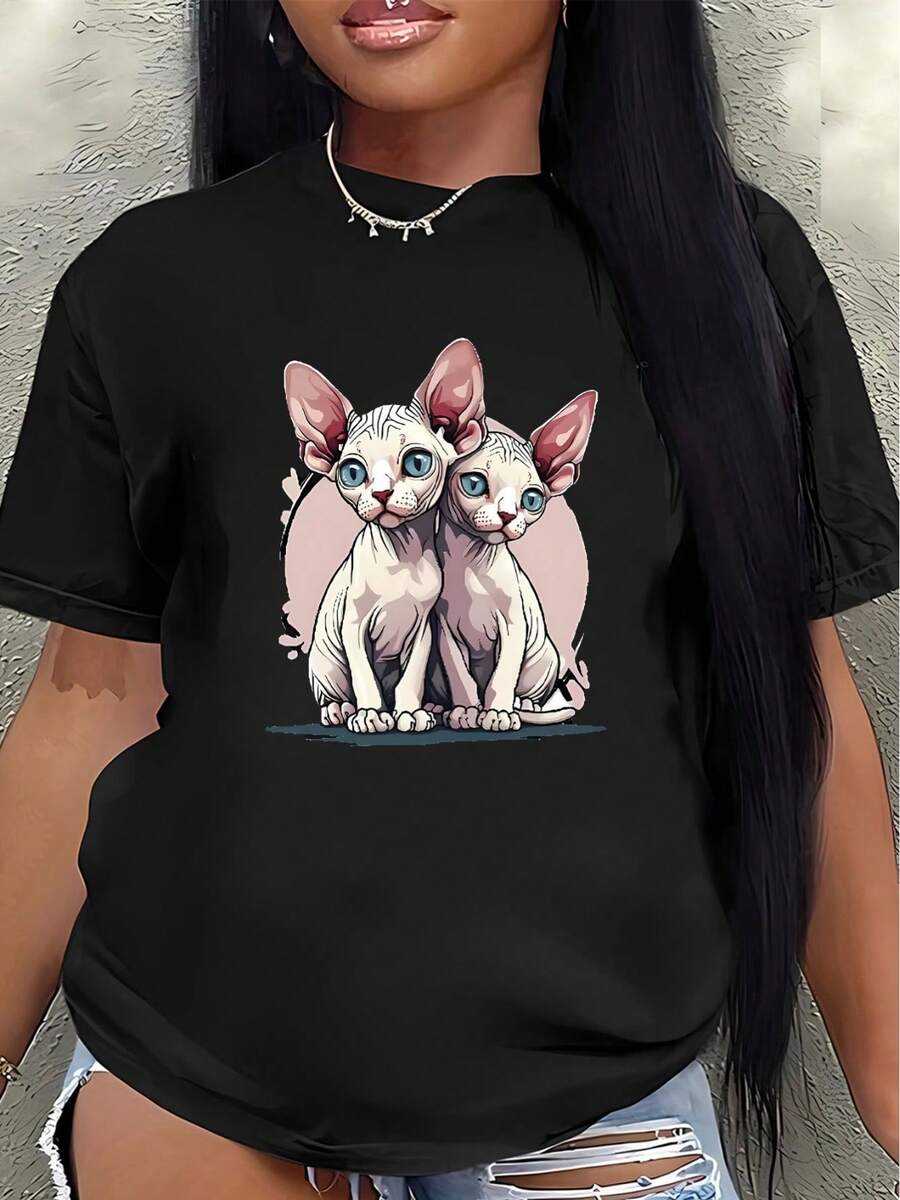 Camiseta de manga corta de poliéster, estampada con un lindo diseño de gato esfinge, ligera y duradera, adecuada para uso casual en casa o en una cafetería, hecha de tela estampada suave y cómoda, la primera opción para el uso diario.women's shirts - Negro - Ver 1