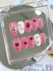 10pcs Oval Nail Stickers - Handmade Pink & White Ombre With Cat Eye Glitter, 3D Heart, Bow And Castle Decor | Sweet Princess Cute Style For Valentine's Day/Date/Brunch Nails | Includes: 1 Bottle Strong Gel Glue + 1 Mini Nail File, Reusable Delicate Manicure - Follow Your Heart - View 1