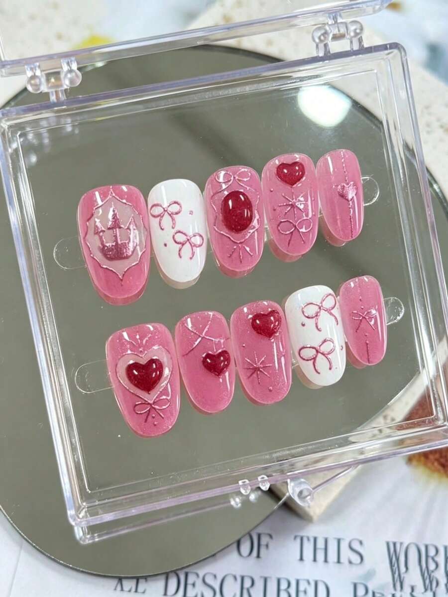 10pcs Oval Nail Stickers - Handmade Pink & White Ombre With Cat Eye Glitter, 3D Heart, Bow And Castle Decor | Sweet Princess Cute Style For Valentine's Day/Date/Brunch Nails | Includes: 1 Bottle Strong Gel Glue + 1 Mini Nail File, Reusable Delicate Manicure - Follow Your Heart - View 1