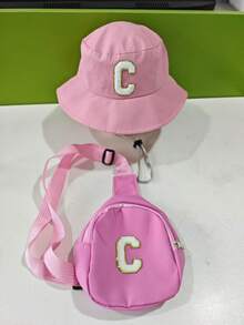 2 Pieces A-Z Letter Children's Bucket Hat, Stylish Simple Visor With A Shoulder Crossbody Bag, Suitable For Boys And Girls To Go Out Everyday. - Pink - View 7