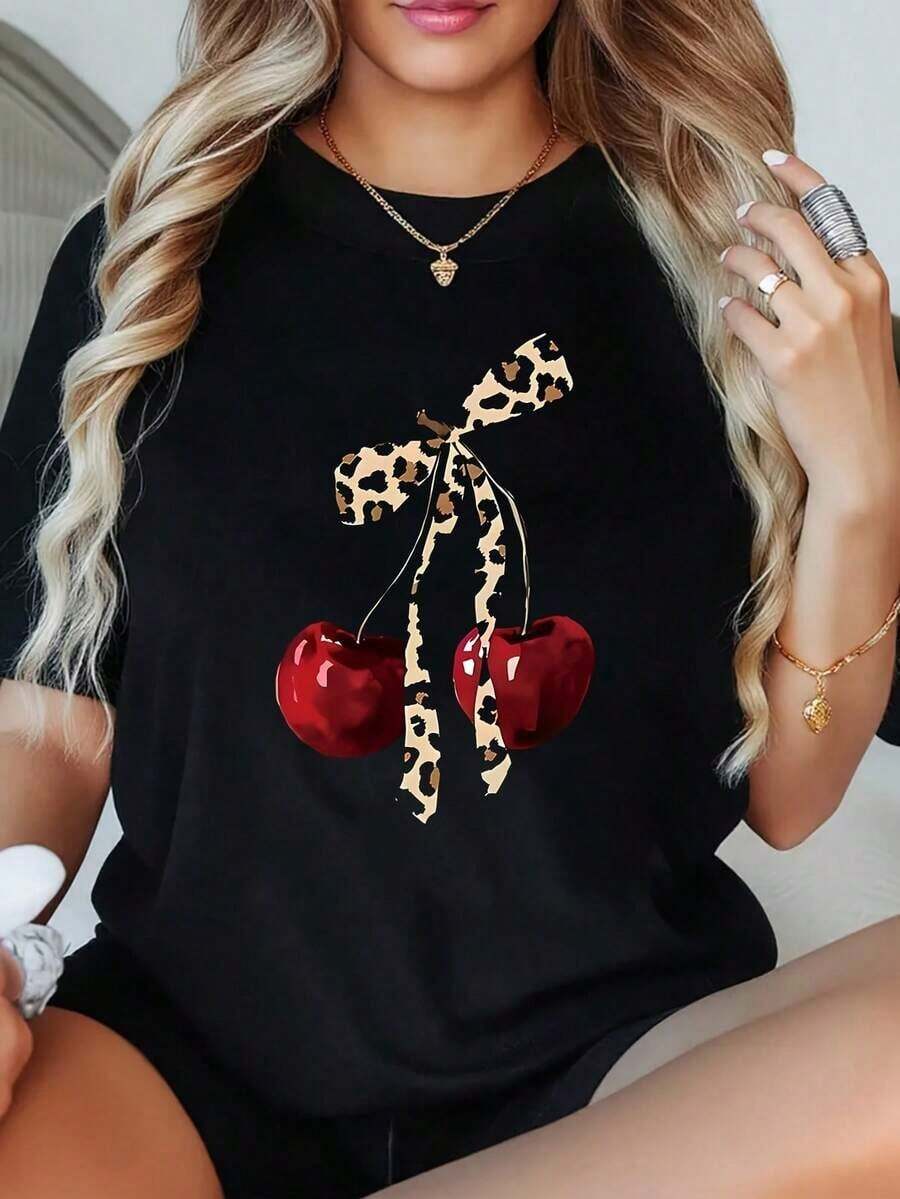 Camiseta genial casual de 1 pieza con estampado de leopardo y lazo de cereza para mujer, novedosa, 100% poliéster, cuello redondo, top casual, camiseta de manga corta con estampado gráfico de gran tamaño. - Negro - Ver 1