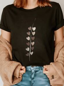 Vertical Branch With Hearts In Warm Tones Symbolizing Love, Unity, And Positive Energy With A Minimalist And Natural Style. Modern, Comfortable, Casual Women's T-Shirt For Everyday Wear. - 黑色 - 查看 8