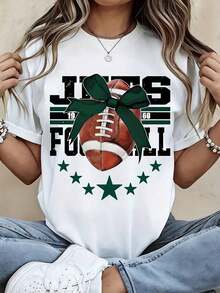 Camiseta Casual Blanca para Mujer con Estampado de Fútbol Americano JETS y Diseño de Lazo Verde y Estrellas, Perfecta para Fanáticos del Deporte y para Usar en Días de Partido. 100% Algodón. Duradera. - Blanco - Ver 1