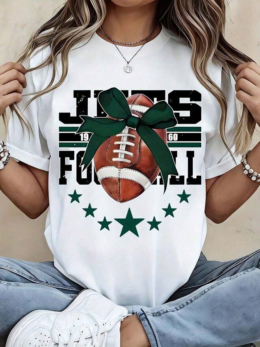 Camiseta Casual Blanca para Mujer con Estampado de Fútbol Americano JETS y Diseño de Lazo Verde y Estrellas, Perfecta para Fanáticos del Deporte y para Usar en Días de Partido. 100% Algodón. Duradera. - Blanco - Ver 1