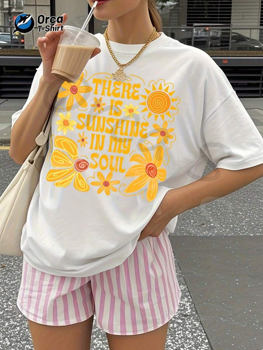 Camiseta de verano premium para mujer con estampado de girasoles, texto inspirador, estilo dopamina en amarillo cálido, 100% algodón, estilo casual de vacaciones de verano, cuello redondo y manga corta. - Blanco - Ver 1
