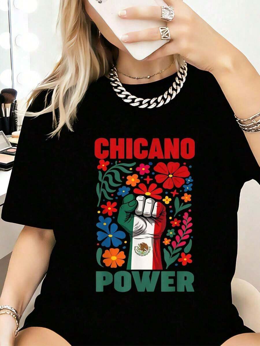 Power T-Shirt With Floral Mexican Flag For Mexican Independence Day - Fashionable Casual Graphic Tees For Women - Everyday Wear T-Shirts, Party And Carnival Style Streetwear With Breathable Blouses For Daily Wear And Activities. - 黑色 - 查看 1