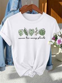 Camiseta Deportiva Casual para Mujer, Estilo Minimalista con Estampado de Hoja de Monstera, Camiseta de Verano de Algodón Puro con Cuello Redondo, Top Casual de Manga Corta, Diseño Único para Uso Diario, Corte Holgado, Transpirable y Suave, Ropa Casual para Vacaciones, Ropa Deportiva que Absorbe la Humedad. - Blanco - Ver 7