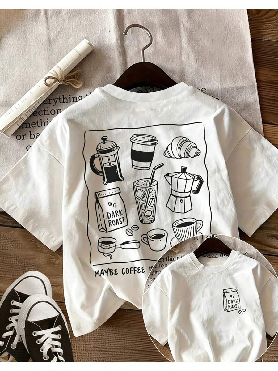 Women's Summer Blouse With A Hand-Drawn Coffee Print On The Front And Back, Loose Fit, Round Neck, Short Sleeves, Suitable For Everyday Wear. Also Suitable As Winter Clothing For Women. - 白色 - 查看 1