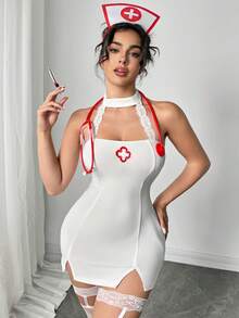 cimmuovere Đầm ngắn gợi cảm bằng ren, khoét hở, thích hợp cho cosplay y tá, phù hợp cho các bữa tiệc quyến rũ. - trắng - Xem 5