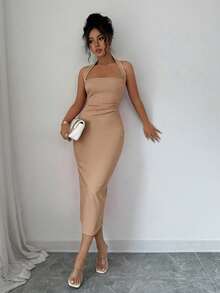 Elegant Women's Mid-Length Dress, Suitable For Vacation, Daily Gatherings, Parties And Cocktail Events Summer - Khaki - View 3
