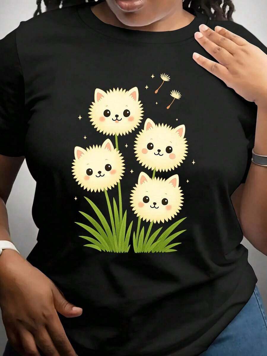 Women's T-Shirt With Pomeranian And Dandelion Print - Lightweight, Crew Neck, Short Sleeve, Ideal For Summer, Machine Washable, Comfortable Casual Wear With Pomeranian Cat And Dog Design, Essential For Spring/Autumn Outfits, Pet Lover Garment, Autumn Clothing, Spring Fashion, Fun Design T-Shirt, Playful Design, Durable Construction, Soft Material, Printed T-Shirt, Suitable As A Gift For Animal Lovers. Women's T-Shirt. Blouses>Elegant. Boho Chic, Soft, Breathable, And Comfortable Women's Top, Ideal For Spring, Summer, And Autumn, Perfect For Vacations, Travel, And Everyday Wear. - 黑色 - 查看 1