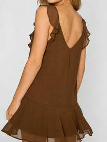 Women's Chiffon Ruffle Mini Dress V-Neck Sleeveless Flowy Swing Dress Tiered Ruffle Hem A-Line Dress For Summer - Marrón - Ver 2