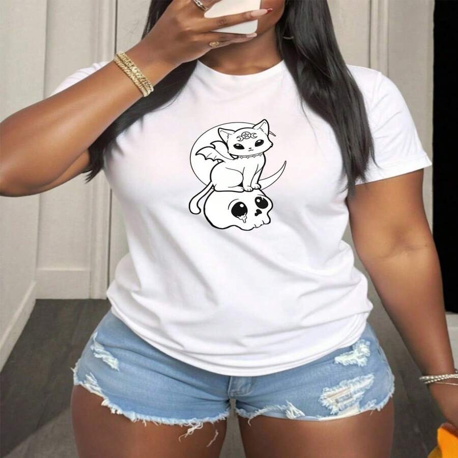 Women's Sexy Casual Cotton Round Neck Short Sleeve Regular T-Shirt With Cat Skull Print - 白色 - 查看 1