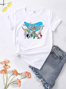 1 Piece Of A Cute Fire-Breathing Cartoon Character | Casual Style, Stretchy Fabric, Women's Printed Round Neck T-Shirt, Breathable And Comfortable, Suitable For All Seasons, 180g 100% Cotton. - 白色 - 查看 1