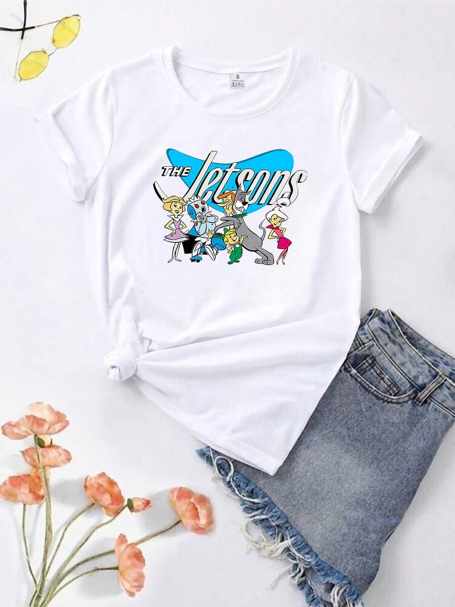 1 Piece Of A Cute Fire-Breathing Cartoon Character | Casual Style, Stretchy Fabric, Women's Printed Round Neck T-Shirt, Breathable And Comfortable, Suitable For All Seasons, 180g 100% Cotton. - 白色 - 查看 1