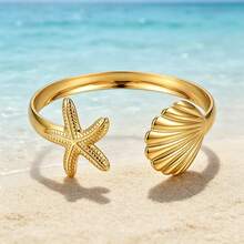 1 pieza Brazalete ajustable de metal con estrella de mar y concha de estilo vintage y marítimo, accesorio versátil para uso diario - Dorado - View 4
