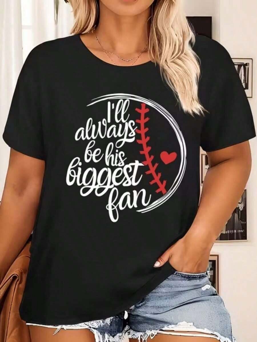 Camiseta casual para mujer, una blusa de manga corta para actividades cotidianas, con el estampado "Corazón de Béisbol, siempre seré su mayor fanática", adecuada para usar en vacaciones. - Negro - Ver 1
