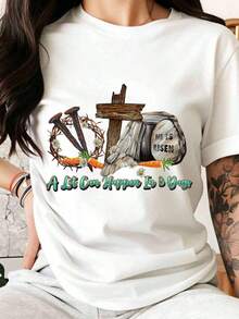 Women's T-Shirt "He Has Risen" With Cross, Nails And Carrots, "A Lot Can Happen In 3 Days", Christian Religious T-Shirt For Easter Celebration, Spring Season Clothing - 白色 - 查看 7