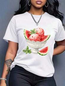 Camiseta Boho Chic Oversized para Mujeres - Top de Manga Corta con Estampado de Rodaja de Sandía Blanca y Hojas, Blusa Casual de Verano de Cuello Redondo y Ajuste Holgado, Transpirable 200gsm para Atuendos de Playa, Picnic y Vestimenta Casual con Estampado de Arte Único, Temporada de Primavera/Verano, Sin Relleno, Estilo Pullover, Ajuste Relajado, Diseño de Sandía Juguetón, Artículo de Almacén Local para Mujeres, Top y Blusa para Mujeres, Ropa de Mujeres de Almacén Local, Camiseta de Cuello en V para Mujeres, Top de Verano para Mujeres, Camisa de Otoño para Mujeres, Top Blanco para Mujeres, DamaSuitable for women100% Cotton - Blanco - Ver 2