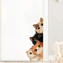1pc Cute Peeking Cats Wall Sticker, PVC Material, Peel And Stick Easy To Apply, For Door Frame Bedroom, Whimsical Cat Decor - Multicolor - View 2