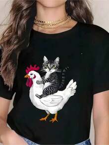 Cute Casual T-Shirt With Cat Riding A Chicken Print For Women - Funny Animal Print Casual Top, Perfect For Everyday Wear And Gift Ideas - A Must-Have - 黑色 - 查看 1