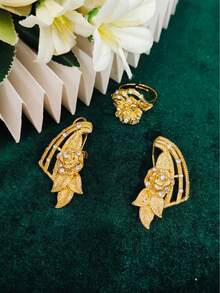 1 Collar, 1 Par de Aretes, 1 Pulsera, 1 Anillo Conjunto de Joyería Chapada en Oro con Diseño Floral de 4 Piezas, Adecuado para Novias Saudíes, de Oriente Medio, de Dubái, Europeas, Africanas, Bodas, Fiestas, Citas, Vestidos, Día de la Madre, Cumpleaños, San Valentín, Días Festivos, Uso Diario - Amarillo Oro - Ver 4
