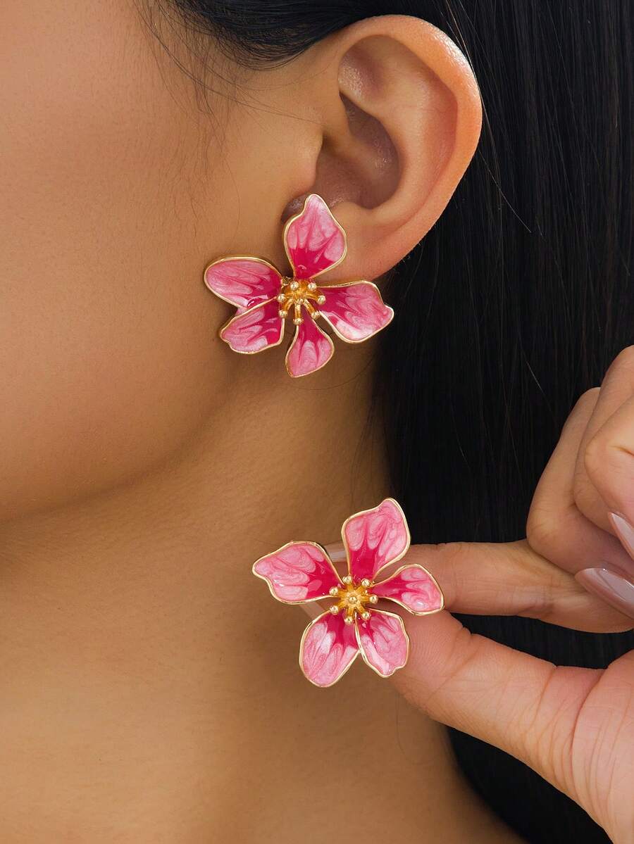 一对优雅法式手工渐变扎染粉色不对称鸡蛋花耳环，奢华夏季新品 - 粉色 - 查看 1