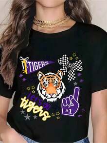 Premium Tiger Spirit Cheer T-Shirt - White Graphic Tee With Tiger Face, "Go Tigers!" Slogan, Plaid Ribbon And # Cuff Design For School Spirit, Sporting Events And Team Support. Gift Idea. - 黑色 - 查看 7