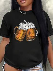 Short-Sleeved T-Shirt With A Beer Glass Print, Suitable For Casual Wear In Bars Or Parties, Lightweight And Durable, Perfect For Wearing In Restaurants Or At Home, Comfortable Fit For Adults. Women's Blouses > Clothing - 黑色 - 查看 7