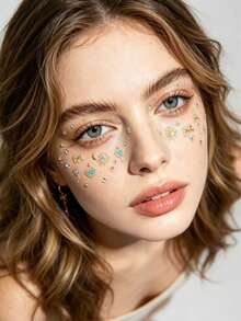 1 Stück Musik Festival Gesicht Strass Aufkleber, Stern, Mond, Herz, Schleife Design, Bühnen Party Make-up Dekoration, wiederverwendbar, einfach zum Schaffen einer süßen Atmosphäre, unverzichtbar für Konzerte und elektronische Musikfestivals - Verschiedenfarbig - Übersicht 3