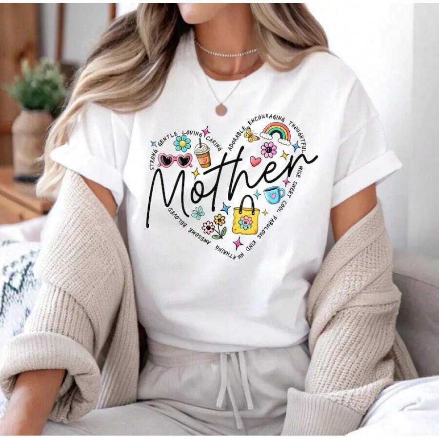 Mother's Day Graphic T-Shirt With Mom Heart Print, Perfect Casual Gift For Women In Black And White - Unisex Urban Vintage Style Graphic T-Shirt In Loose Cotton With Short Sleeves And Round Neck. - 白色 - 查看 1
